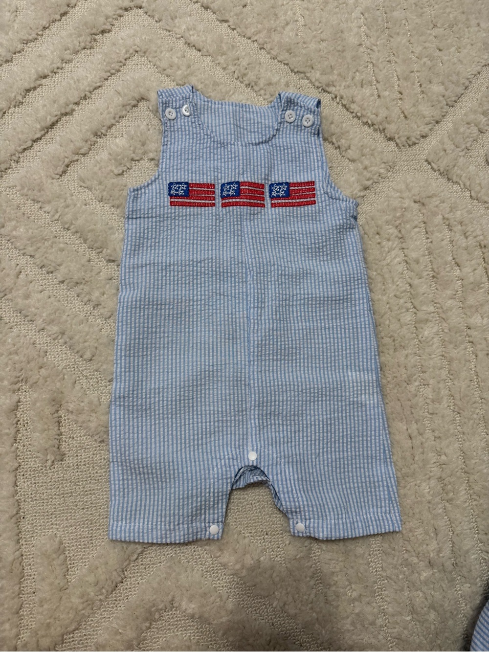 Blue Seersucker Baby Romper with Flag Embroidery